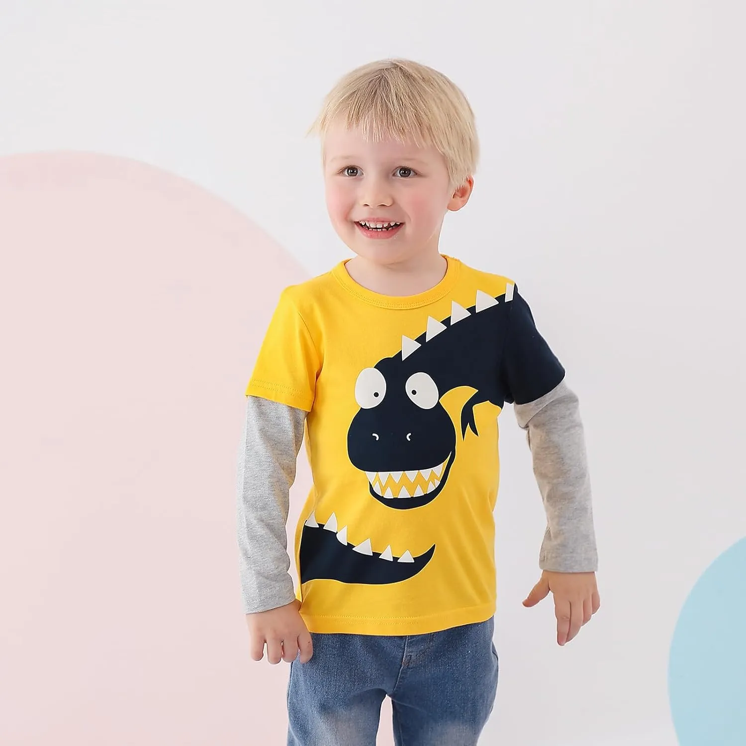 Toddler Boys Color Block Long Sleeve Shirts 3-Pack Cotton Dinosaur&Car Print Boy's T-Shirts Spring/Fall for 18M-7Y