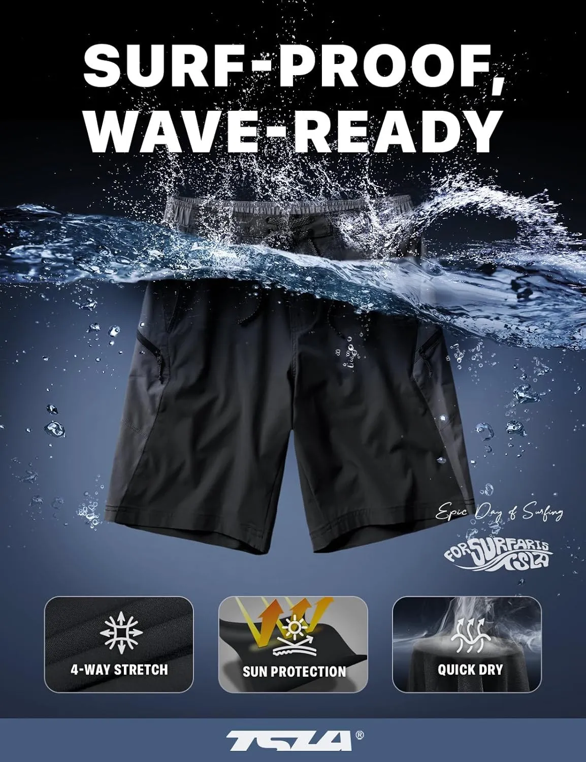 TSLA Men's Swim Trunks, Quick Dry Swimming Beach Board Shorts, Lightweight Swimwear Bathing Suits with Pockets