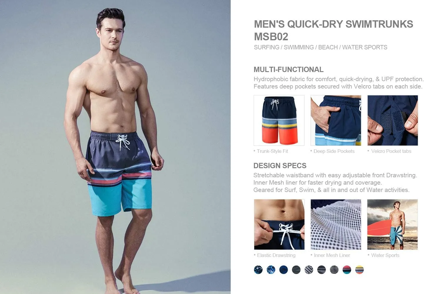 TSLA Men's Swim Trunks, Quick Dry Swimming Beach Board Shorts, Lightweight Swimwear Bathing Suits with Pockets
