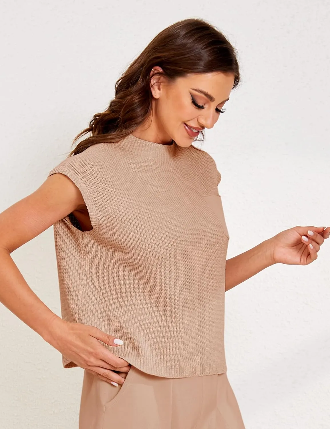 UANEO Sweater Vest Women Mock Neck Casual Cropped Knit Pullover Cap Sleeve Sweater for Women Top Spring