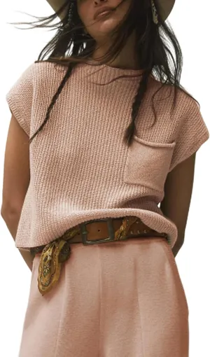 UANEO Sweater Vest Women Mock Neck Casual Cropped Knit Pullover Cap Sleeve Sweater for Women Top Spring