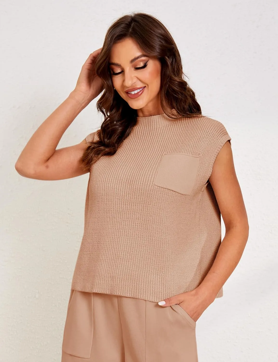 UANEO Sweater Vest Women Mock Neck Casual Cropped Knit Pullover Cap Sleeve Sweater for Women Top Spring