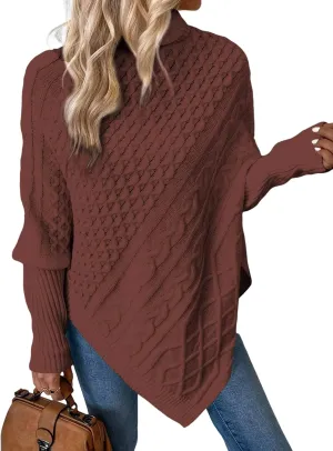 Urchics Casual Sweater Turtleneck Batwing Sleeve Asymmetrical Hem Cable Knit Poncho