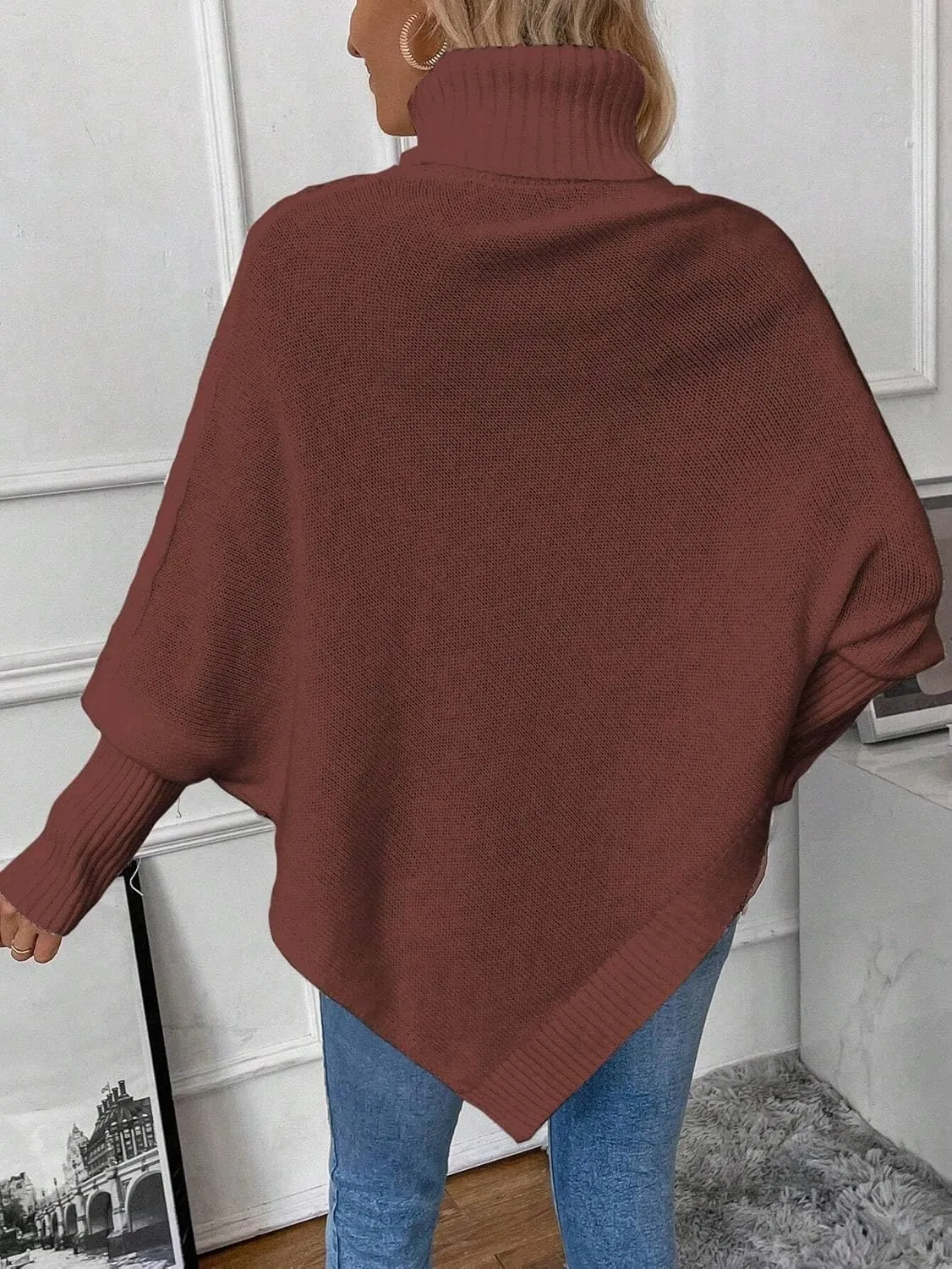 Urchics Casual Sweater Turtleneck Batwing Sleeve Asymmetrical Hem Cable Knit Poncho