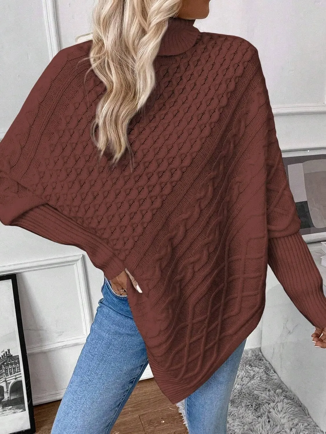 Urchics Casual Sweater Turtleneck Batwing Sleeve Asymmetrical Hem Cable Knit Poncho