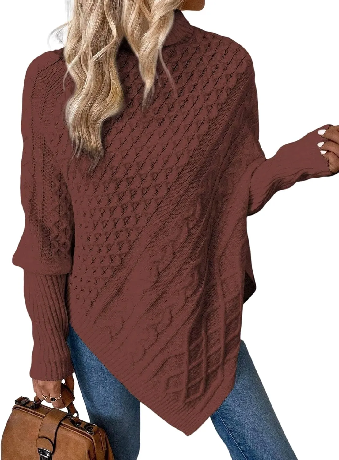 Urchics Casual Sweater Turtleneck Batwing Sleeve Asymmetrical Hem Cable Knit Poncho
