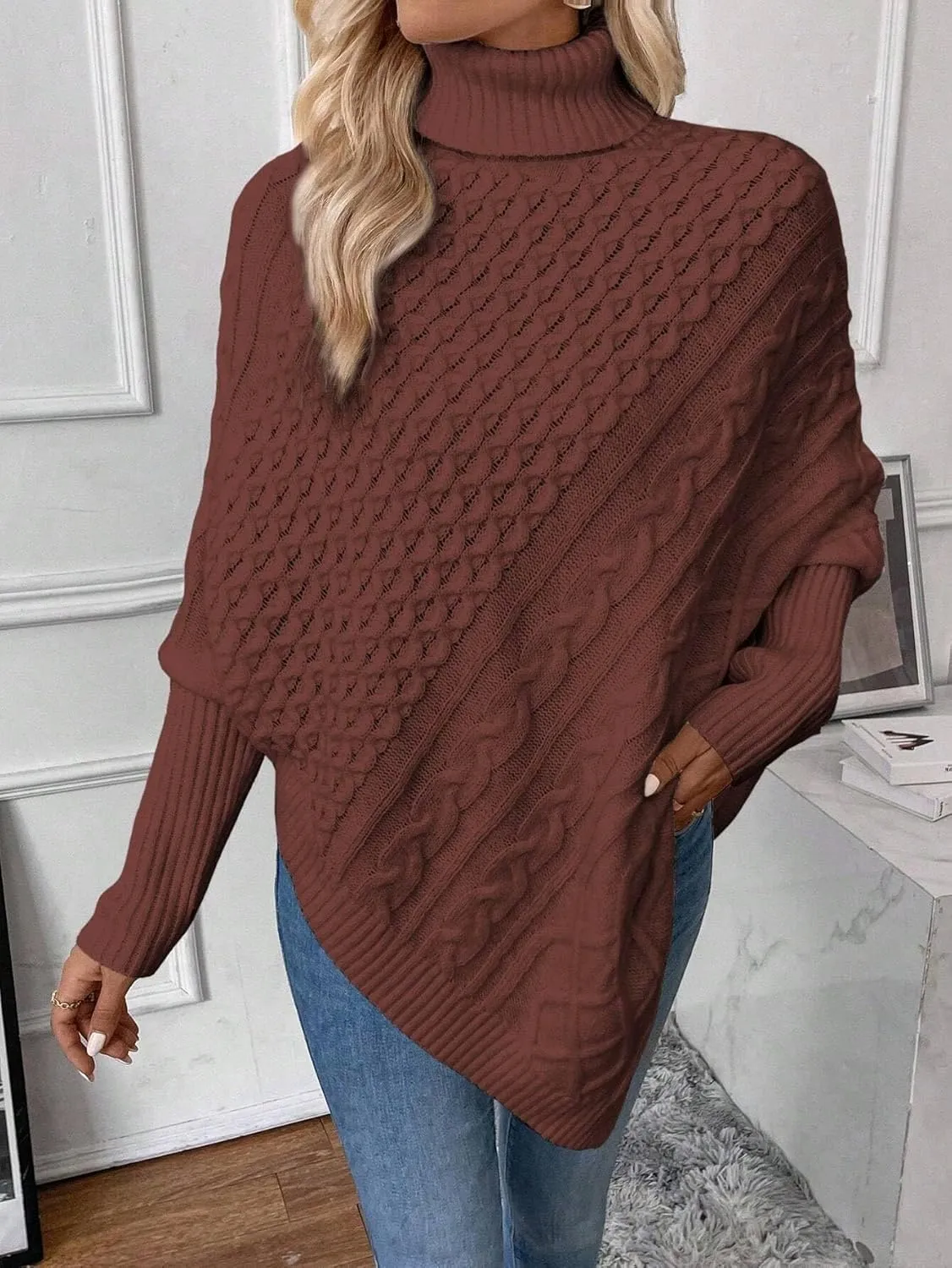 Urchics Casual Sweater Turtleneck Batwing Sleeve Asymmetrical Hem Cable Knit Poncho