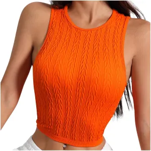 Vintage Textured Workout Tank Tops Women Summer Stretchy Quick Dry Yoga Outfit Casual Sleeveless Crewneck Crop Top