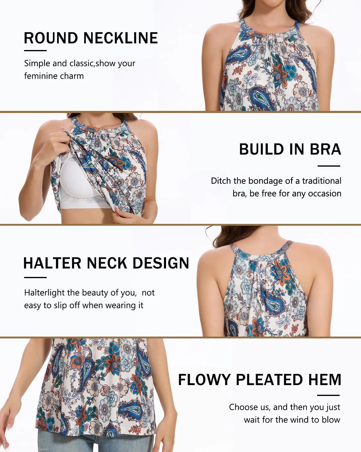 Vislivin Camisole for Women with Built in Bra Halter Neck Tanks Plead Loose Fit Cami