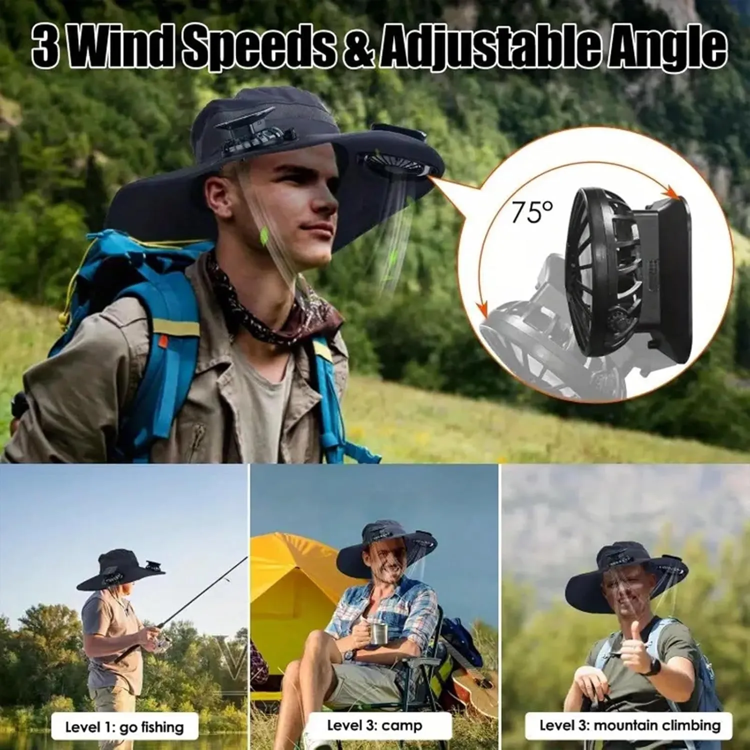 Wide Brim Solar Fan Hat Outdoor Fishing, Sun Hat with Solar Powered Fans, Sombrero para el Sol Hombre