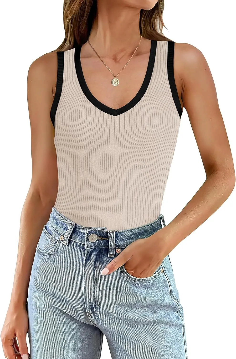 WIHOLL Womens Ribbed Tank Tops 2025 Summer V Neck Slim Fitted Tops Casual Basic Knit Sleeveless Shirts