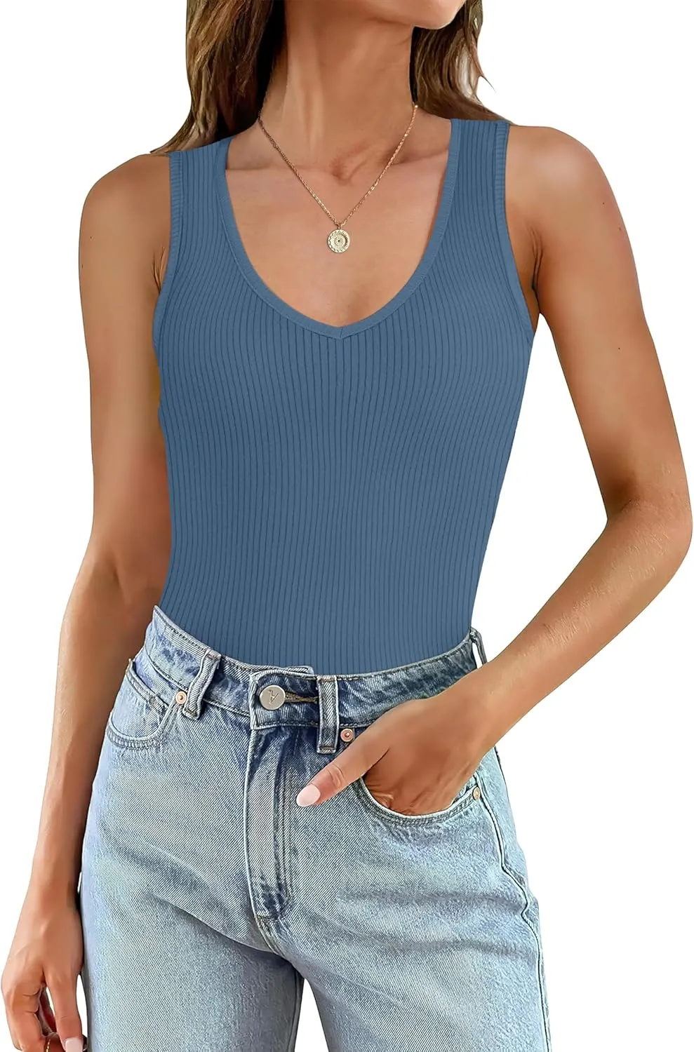 WIHOLL Womens Ribbed Tank Tops 2025 Summer V Neck Slim Fitted Tops Casual Basic Knit Sleeveless Shirts