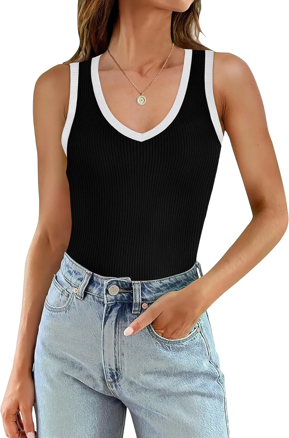 WIHOLL Womens Ribbed Tank Tops 2025 Summer V Neck Slim Fitted Tops Casual Basic Knit Sleeveless Shirts
