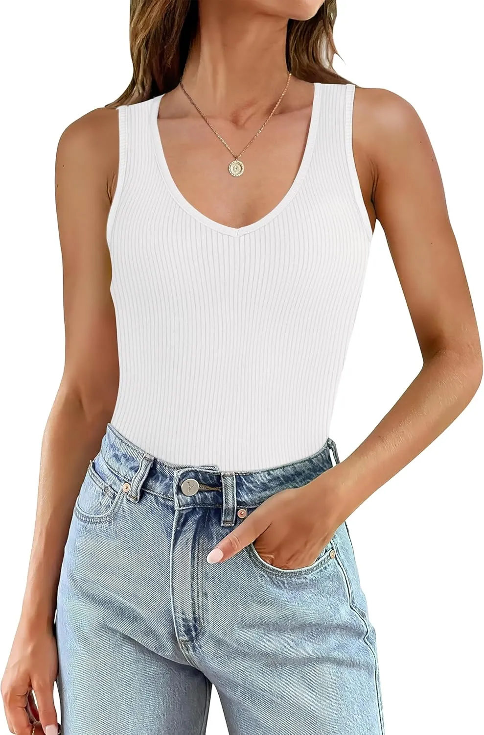 WIHOLL Womens Ribbed Tank Tops 2025 Summer V Neck Slim Fitted Tops Casual Basic Knit Sleeveless Shirts