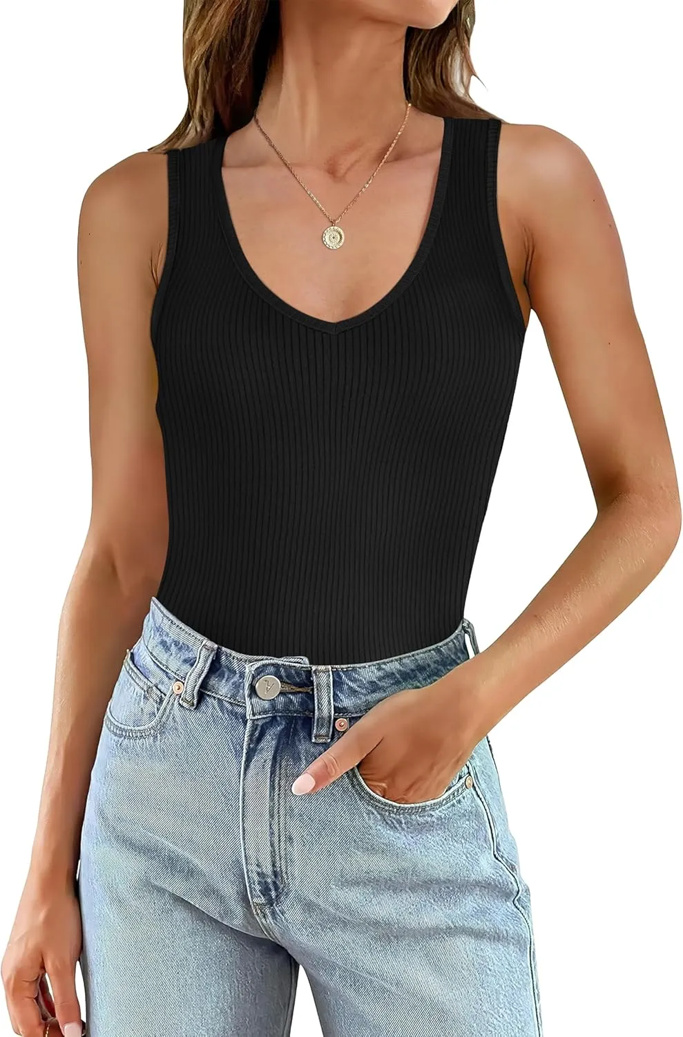 WIHOLL Womens Ribbed Tank Tops 2025 Summer V Neck Slim Fitted Tops Casual Basic Knit Sleeveless Shirts