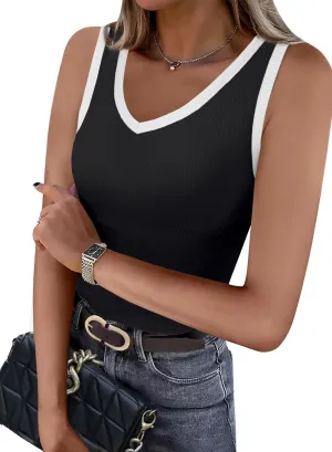 WIHOLL Womens Ribbed Tank Tops 2025 Summer V Neck Slim Fitted Tops Casual Basic Knit Sleeveless Shirts