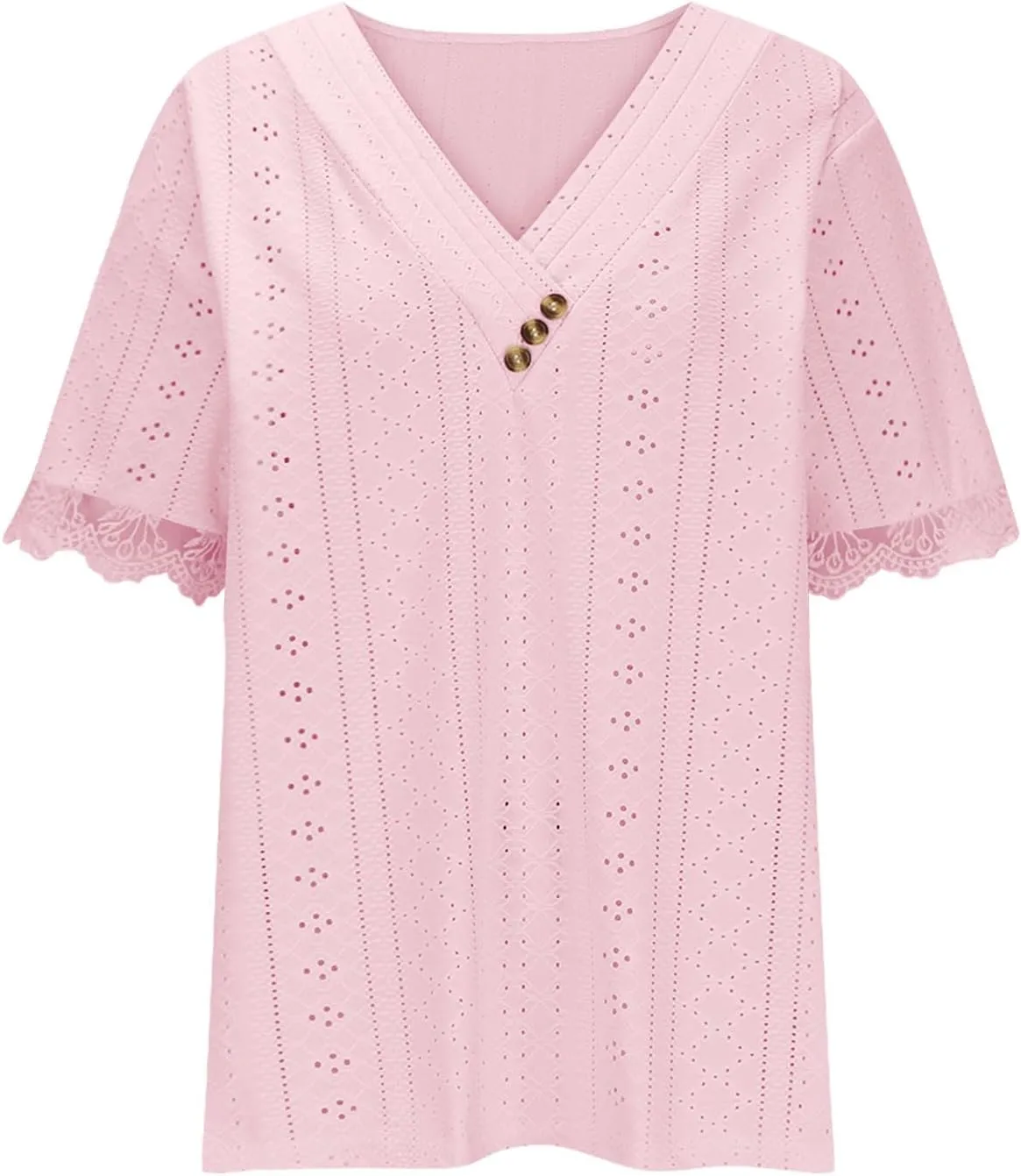 Women Short Sleeve Tops Summer V Neck Button Shirts Lace Blouse Comfy Tshirt Eyelet Tees Boho T-shirt Loose T Shirt