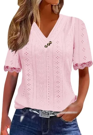 Women Short Sleeve Tops Summer V Neck Button Shirts Lace Blouse Comfy Tshirt Eyelet Tees Boho T-shirt Loose T Shirt