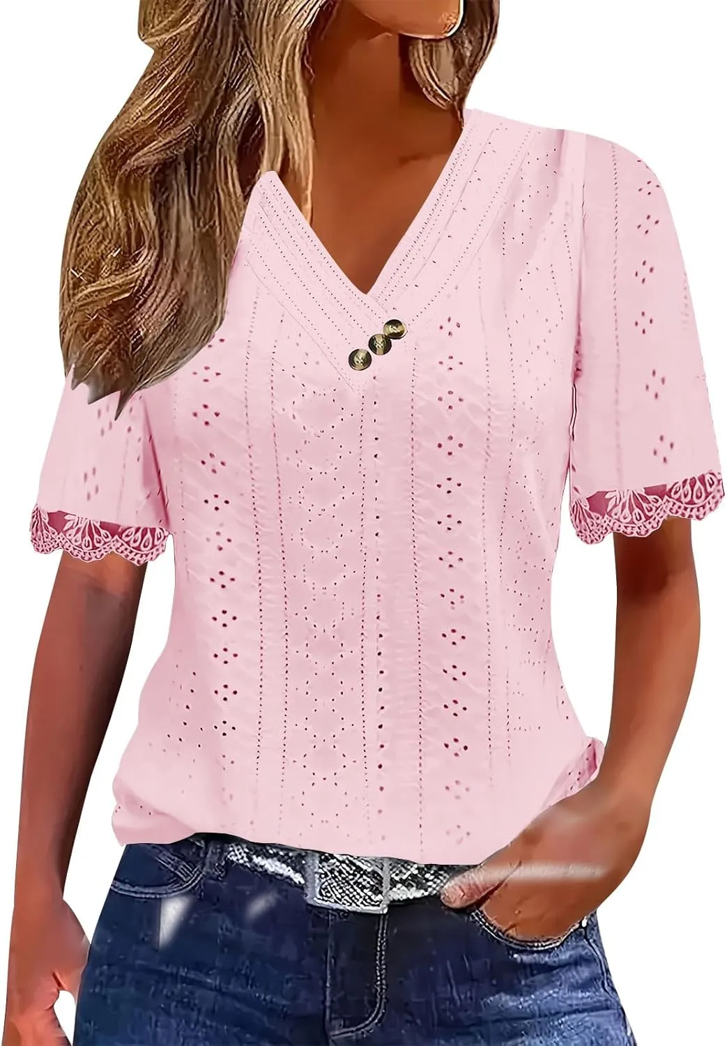 Women Short Sleeve Tops Summer V Neck Button Shirts Lace Blouse Comfy Tshirt Eyelet Tees Boho T-shirt Loose T Shirt