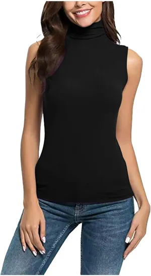 Women Sleeveless Mock Turtleneck Tank Tops Slim Fit Stretchy Base Layer Tee Shirts Solid Color Undershirts