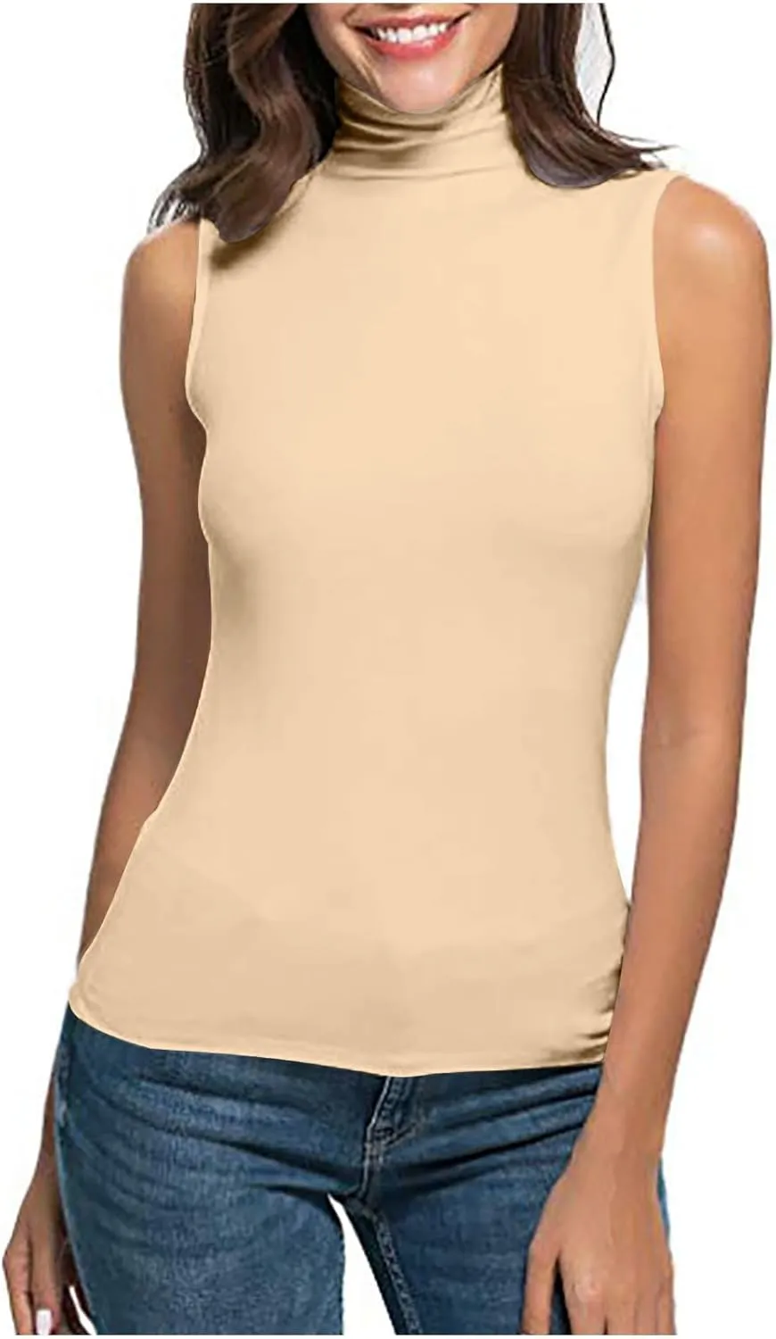Women Sleeveless Mock Turtleneck Tank Tops Slim Fit Stretchy Base Layer Tee Shirts Solid Color Undershirts