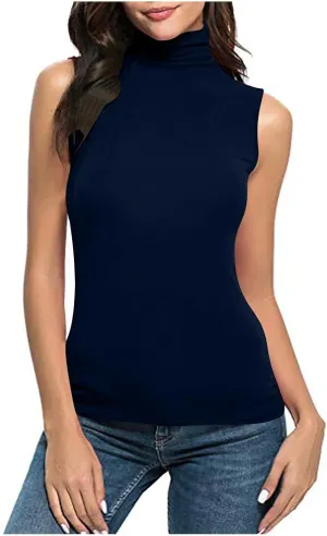 Women Sleeveless Mock Turtleneck Tank Tops Slim Fit Stretchy Base Layer Tee Shirts Solid Color Undershirts