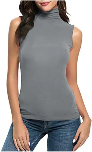 Women Sleeveless Mock Turtleneck Tank Tops Slim Fit Stretchy Base Layer Tee Shirts Solid Color Undershirts
