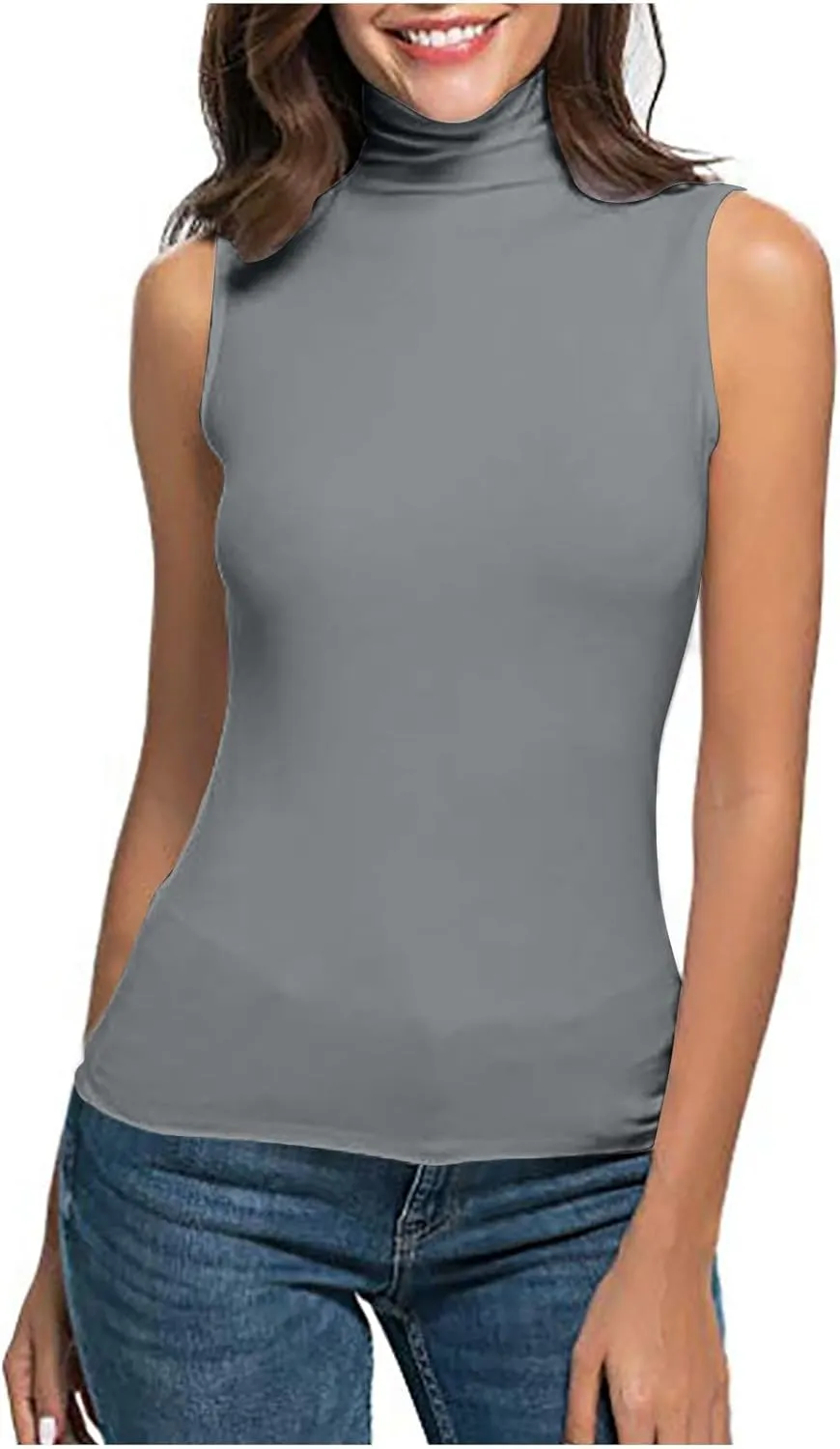 Women Sleeveless Mock Turtleneck Tank Tops Slim Fit Stretchy Base Layer Tee Shirts Solid Color Undershirts