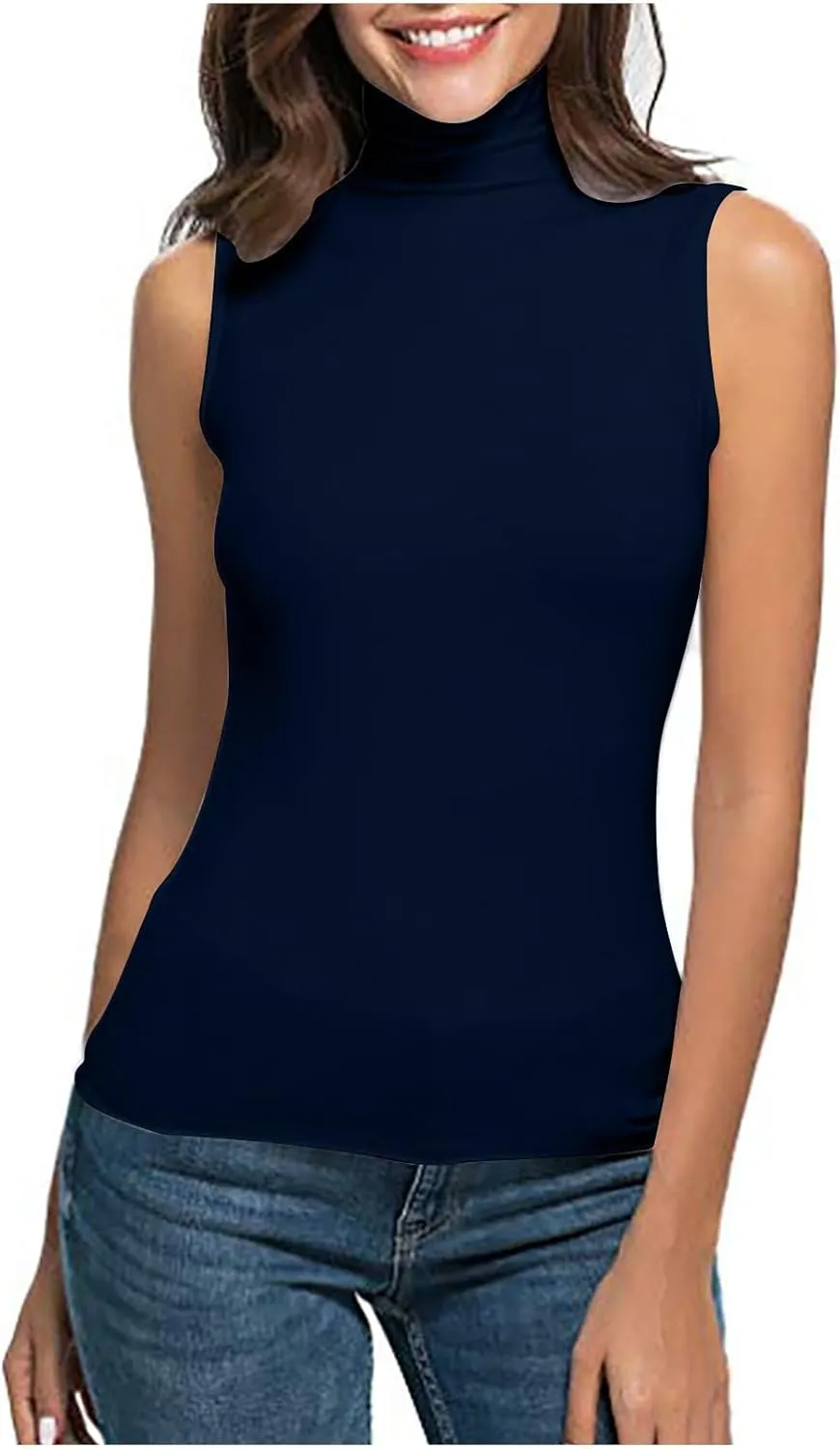 Women Sleeveless Mock Turtleneck Tank Tops Slim Fit Stretchy Base Layer Tee Shirts Solid Color Undershirts