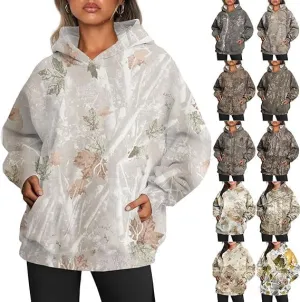 Womens Camo Hoodie Maple Leaf Print Fleece Pullover, Fashion Tie Dye Casual Fall Tops Hooded Sweatshirts, Oversized Outerwear