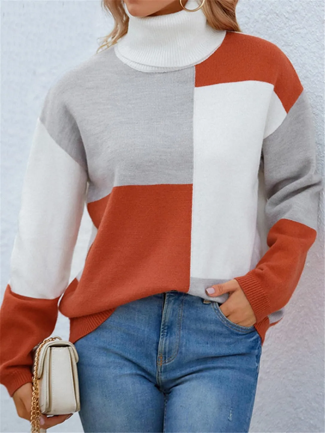 Women's Casual Long Sleeves Knitted Sweater Loose Turtleneck Oversized Pullovers Jumper Tops