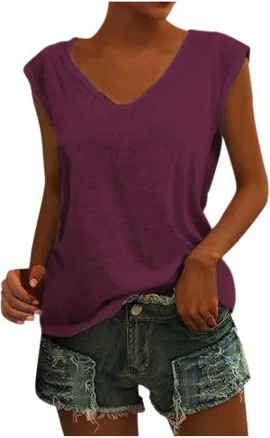 Womens Casual Solid V-neck Short Sleeve Vest T-Shirt Loose Fit Tank Tops Polyester Flying sleeve design, easy to