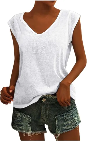 Womens Casual Solid V-neck Short Sleeve Vest T-Shirt Loose Fit Tank Tops Polyester Flying sleeve design, easy to