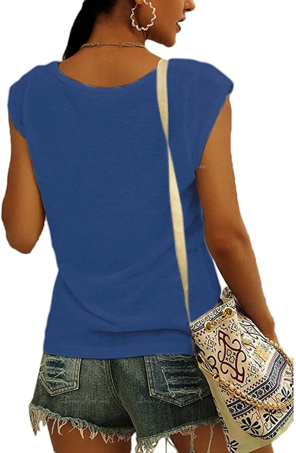 Womens Casual Solid V-neck Short Sleeve Vest T-Shirt Loose Fit Tank Tops Polyester Flying sleeve design, easy to