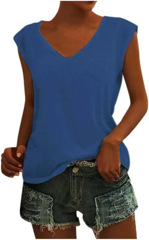 Womens Casual Solid V-neck Short Sleeve Vest T-Shirt Loose Fit Tank Tops Polyester Flying sleeve design, easy to