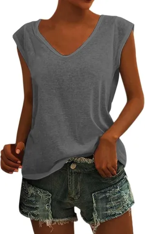 Womens Casual Solid V-neck Short Sleeve Vest T-Shirt Loose Fit Tank Tops Polyester Flying sleeve design, easy to