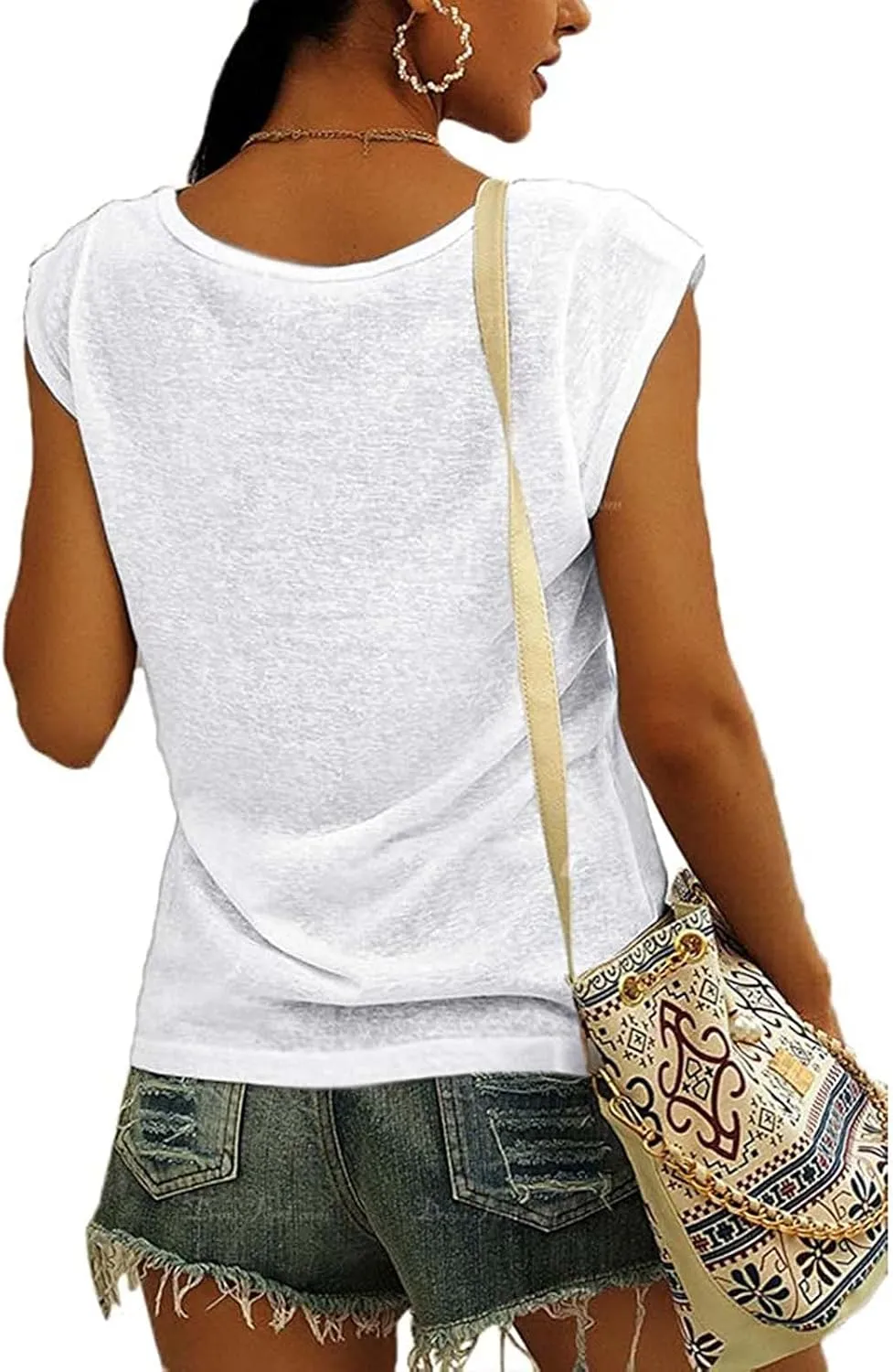 Womens Casual Solid V-neck Short Sleeve Vest T-Shirt Loose Fit Tank Tops Polyester Flying sleeve design, easy to