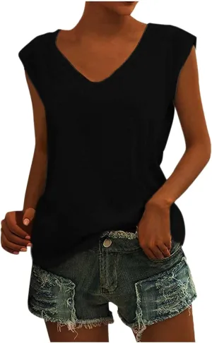 Womens Casual Solid V-neck Short Sleeve Vest T-Shirt Loose Fit Tank Tops Polyester Flying sleeve design, easy to