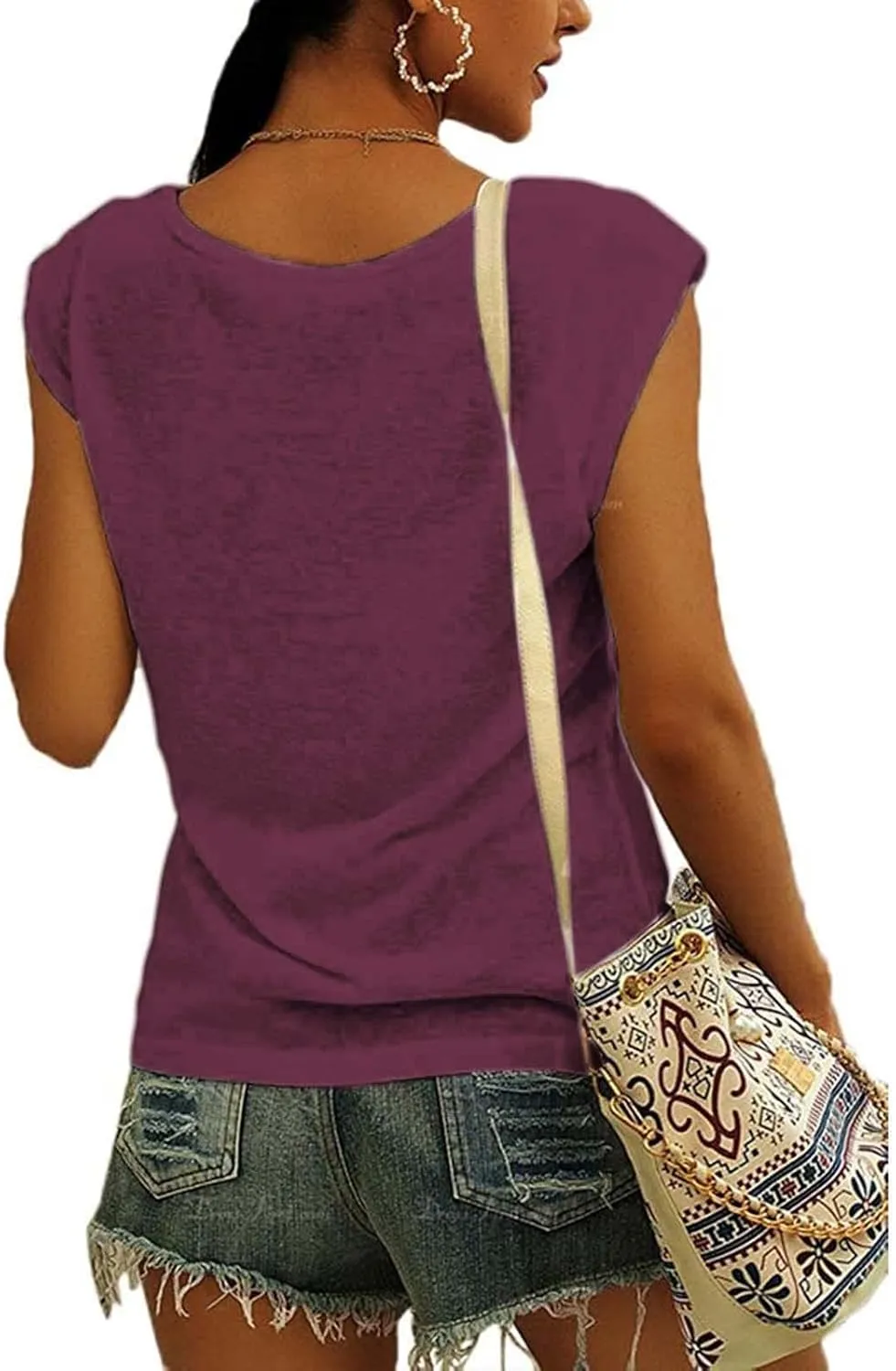Womens Casual Solid V-neck Short Sleeve Vest T-Shirt Loose Fit Tank Tops Polyester Flying sleeve design, easy to