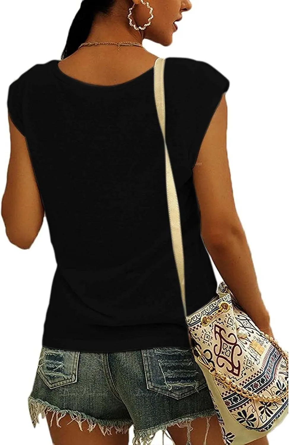 Womens Casual Solid V-neck Short Sleeve Vest T-Shirt Loose Fit Tank Tops Polyester Flying sleeve design, easy to