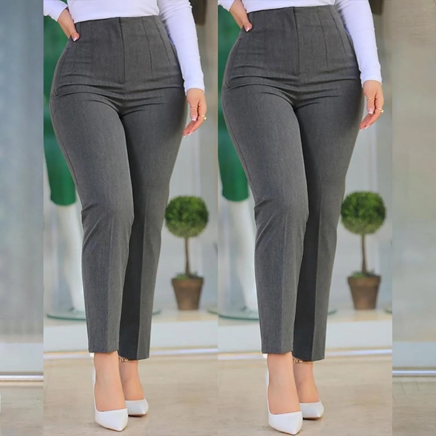 Womens Casual Stretchy High Waisted Dress Pants Solid Trendy Pleated Straight Leg Pull-On Business Work Trousers with Pockets