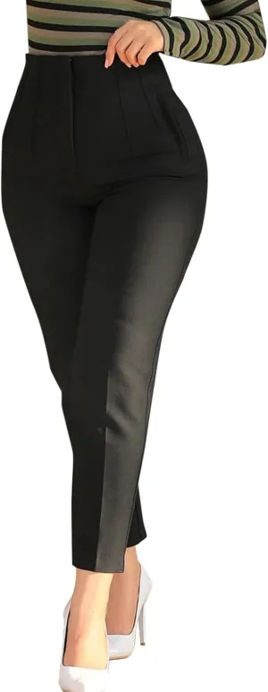 Womens Casual Stretchy High Waisted Dress Pants Solid Trendy Pleated Straight Leg Pull-On Business Work Trousers with Pockets