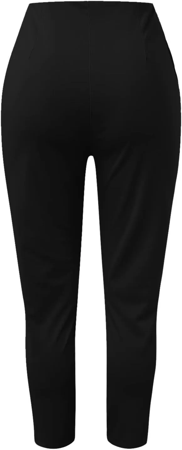 Womens Casual Stretchy High Waisted Dress Pants Solid Trendy Pleated Straight Leg Pull-On Business Work Trousers with Pockets