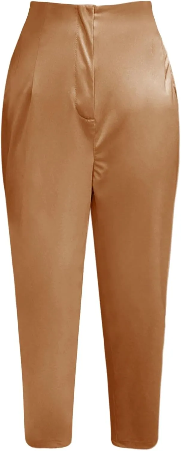 Womens Casual Stretchy High Waisted Dress Pants Solid Trendy Pleated Straight Leg Pull-On Business Work Trousers with Pockets