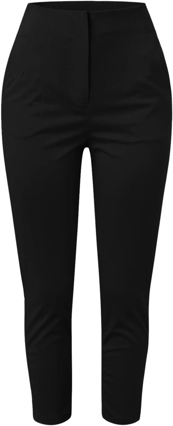 Womens Casual Stretchy High Waisted Dress Pants Solid Trendy Pleated Straight Leg Pull-On Business Work Trousers with Pockets