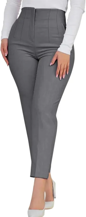 Womens Casual Stretchy High Waisted Dress Pants Solid Trendy Pleated Straight Leg Pull-On Business Work Trousers with Pockets
