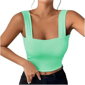 Women's Crop Tank Tops Slim Fit Yoga Sport Bra Stretchy Square Neck Backless Shirt Summer Cool Breathable Camisole