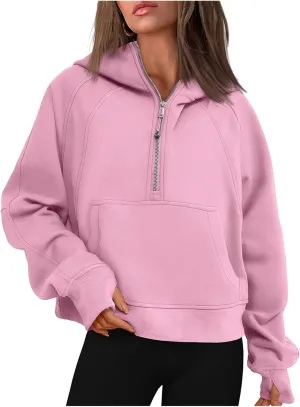 Womens Half Zip Sweatshirts Cropped Long Sleeve Hoodies Oversized Fleece Quarter Zip Up Pullover Tops with Thumb Hole