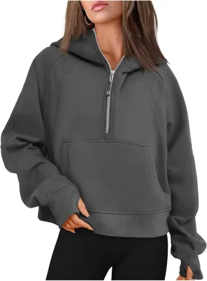 Womens Half Zip Sweatshirts Cropped Long Sleeve Hoodies Oversized Fleece Quarter Zip Up Pullover Tops with Thumb Hole