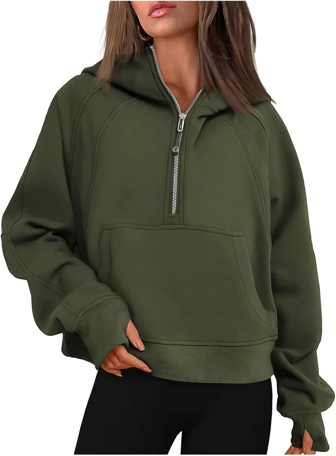 Womens Half Zip Sweatshirts Cropped Long Sleeve Hoodies Oversized Fleece Quarter Zip Up Pullover Tops with Thumb Hole